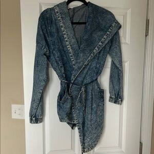Blue Wrap Jean Jacket with Belt and Wide Collar